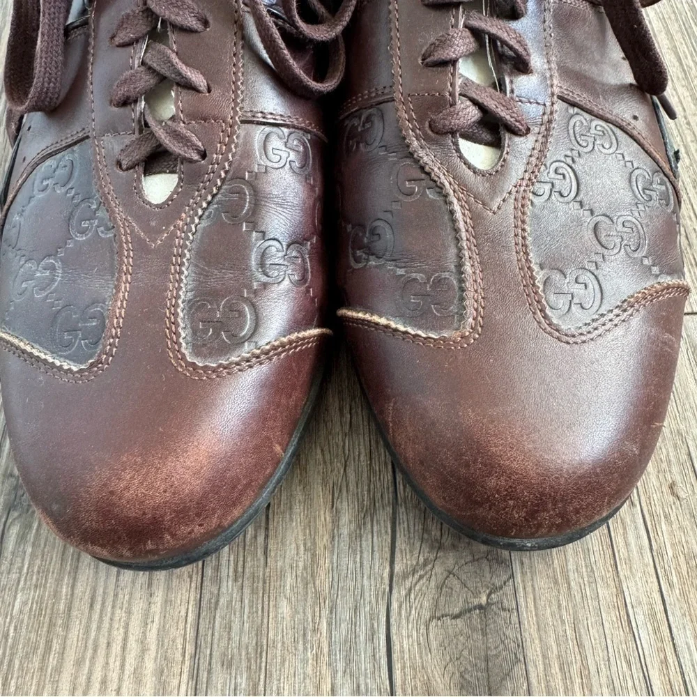 Gucci Men's Brown Leather Monogram Sneakers Size 8.5